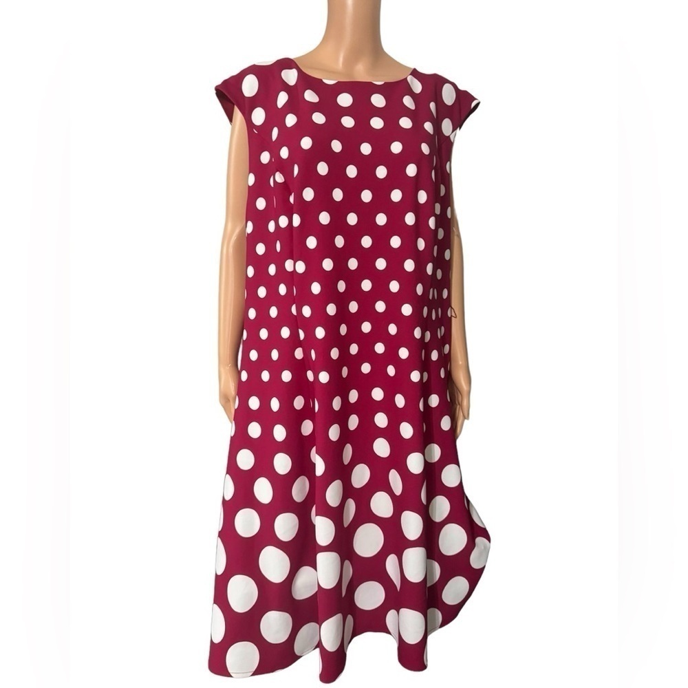 London Times Burgundy and White Polka Dot Midi Dress